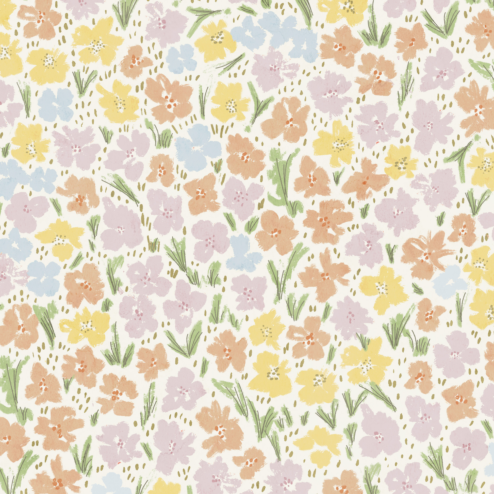 Pastel ditsy inspired floral design on a pale white background.