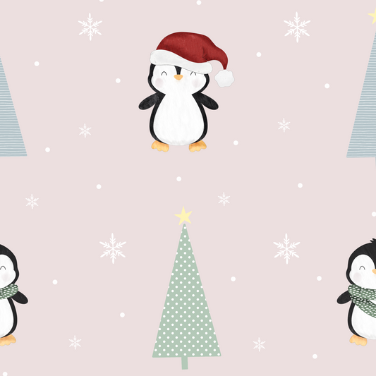 Festive penguins in santa hats and scarves on a blush pink background with snowflakes and Christmas trees