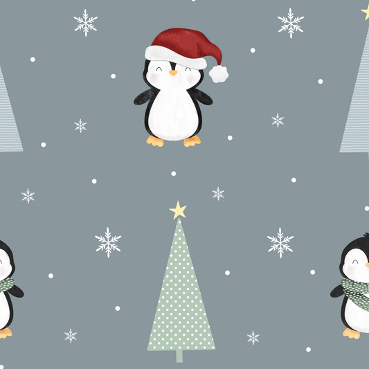 Christmasy penguins with santa hats and scarves on a slate grey backgorund with stylised trees and snowflakes 
