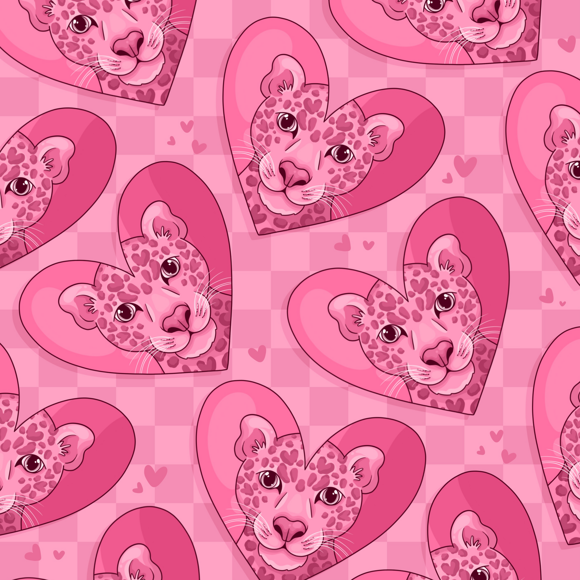 Pink Lepoards in pink hearts on a pink checkerboard background with smaill heart details