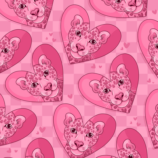 Pink Lepoards in pink hearts on a pink checkerboard background with smaill heart details