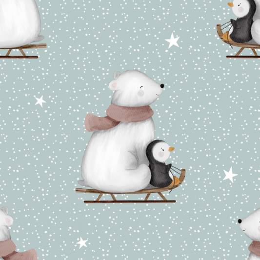 Pattern of polar bears and penguins on a light blue background with stars.