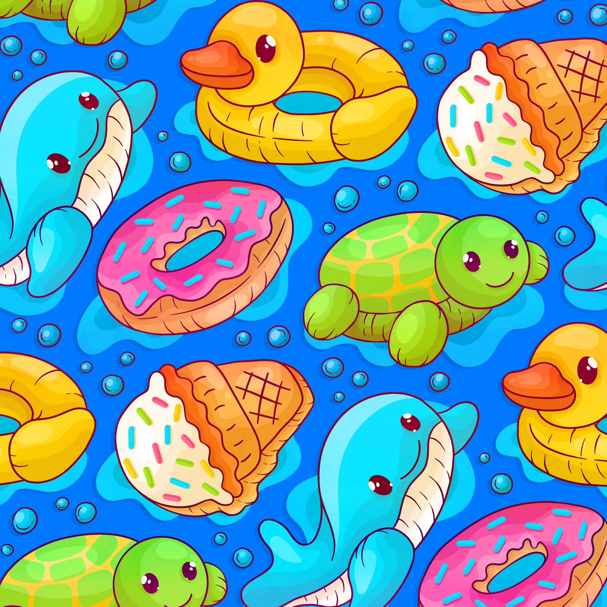 Bright and colourful pool floats in whale, turtle,  ice cream, doughnut, duck designs on a blue background with water and bubble details