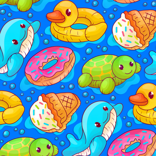 Bright and colourful pool floats in whale, turtle,  ice cream, doughnut, duck designs on a blue background with water and bubble details