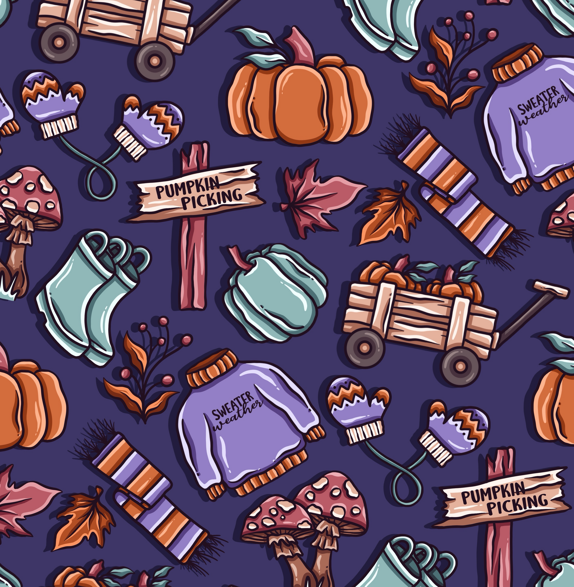 Pattern of autumn-themed items including pumpkins, leaves, and a sweater on a purple background.