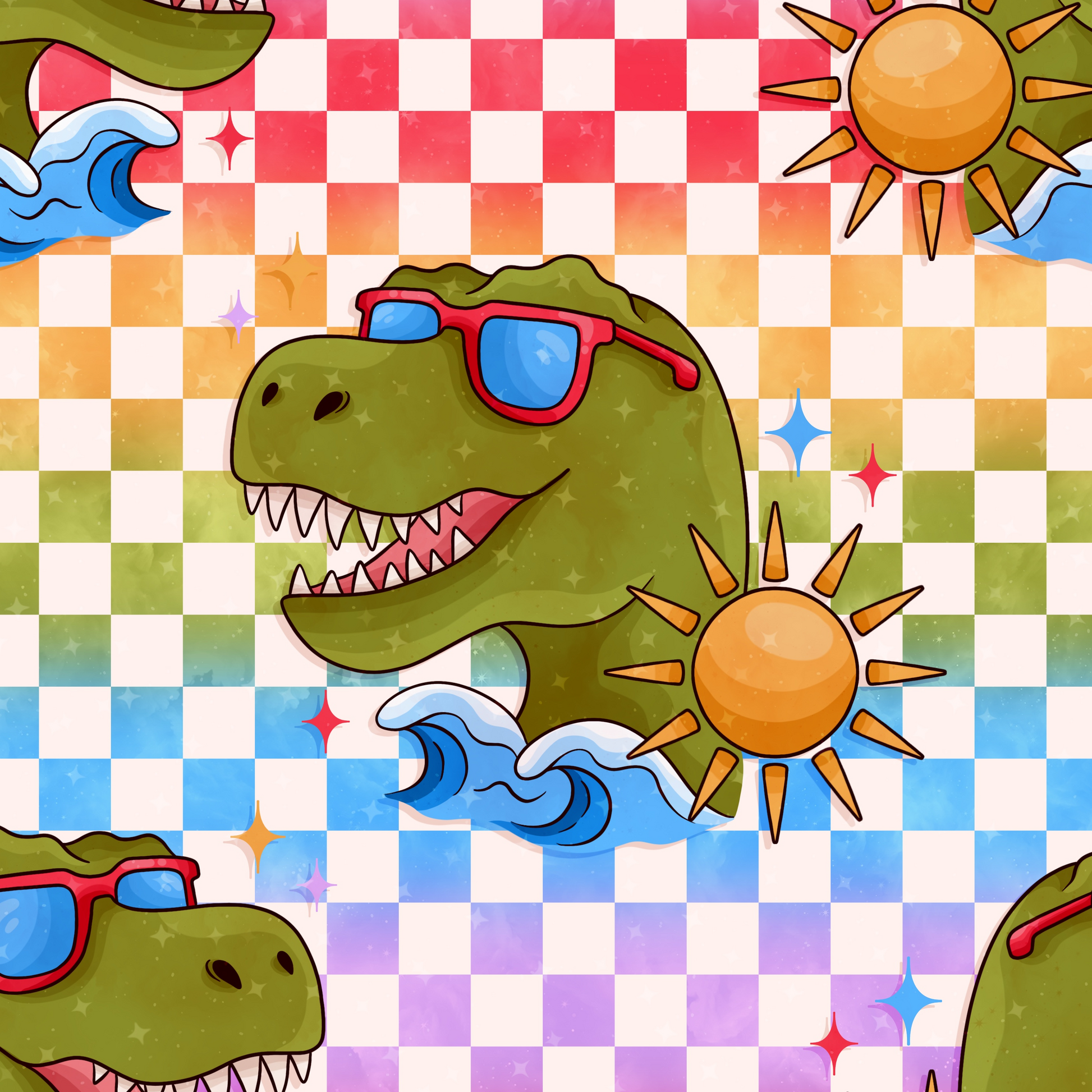 Cartoon dinosaur wearing sunglasses on a checkered background with sun and waves.