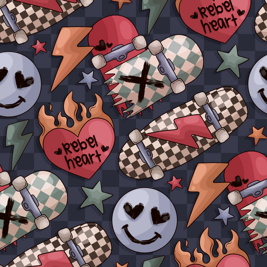 Alternative themed design with skateboards and hearts with smiley faces on a checkerboard background