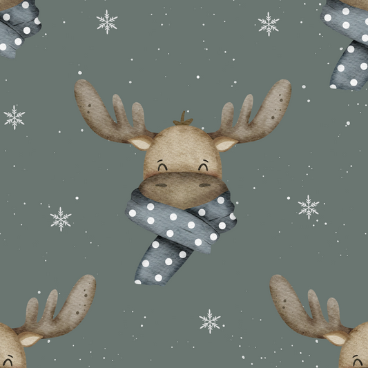 Pattern of a reindeer wearing a scarf with snowflakes on a dark gray background