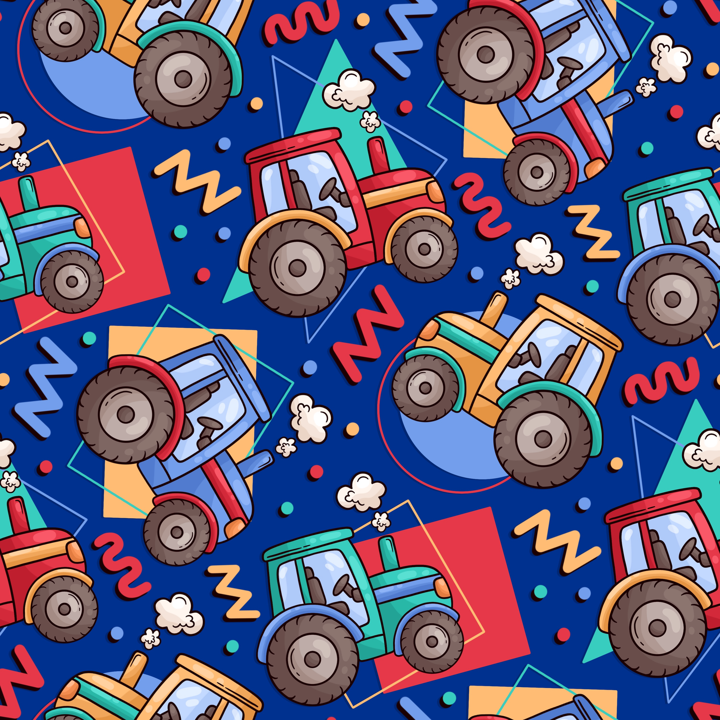 Colorful pattern of cartoon tractors on a blue background
