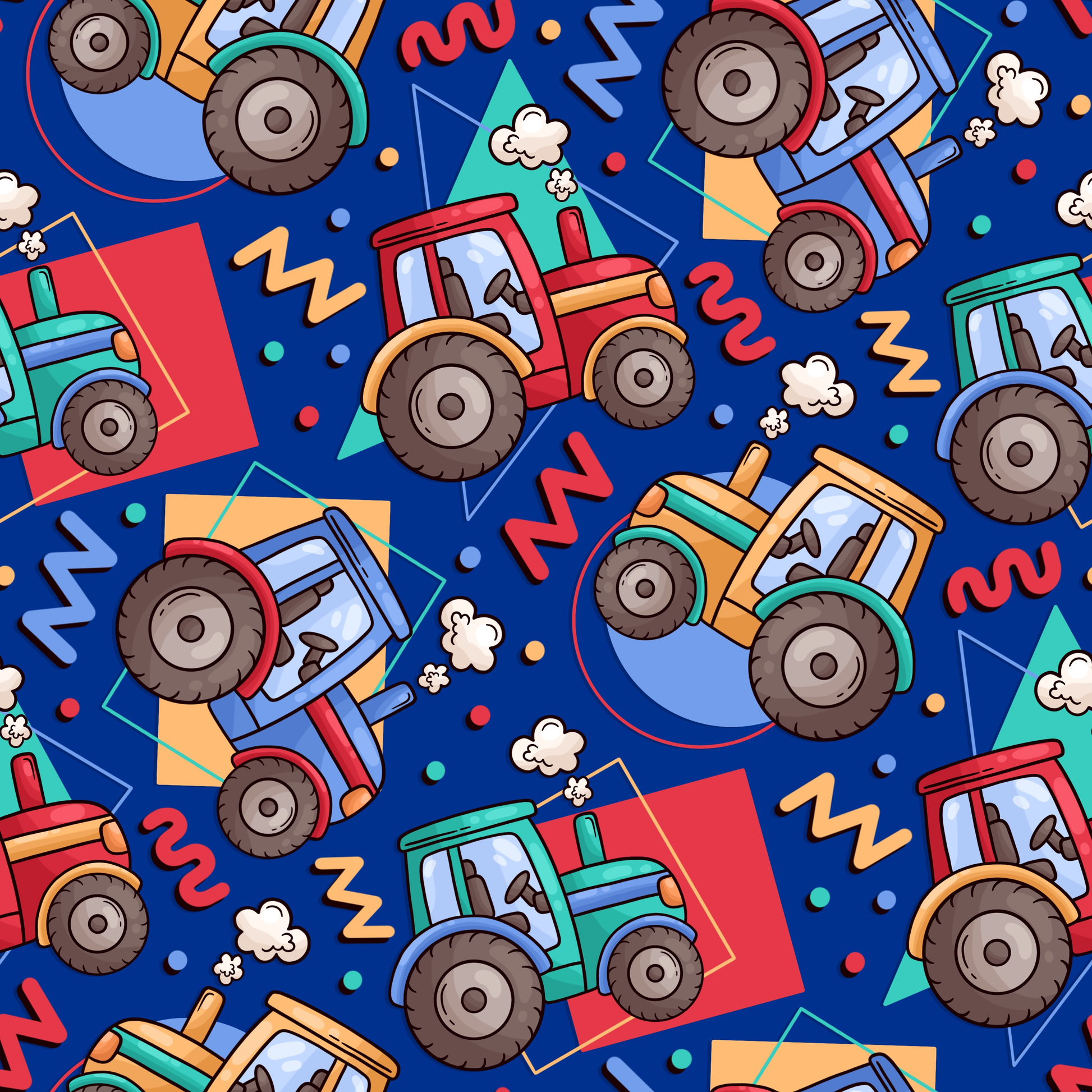 Colorful pattern of cartoon tractors on a blue background