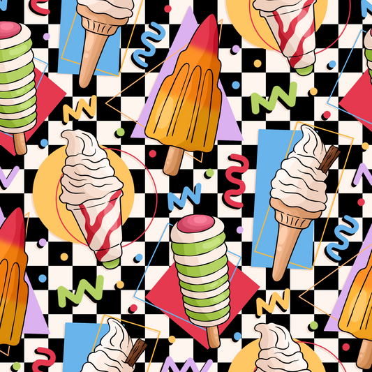 Colorful pattern of ice cream cones and lollies on a checkered background