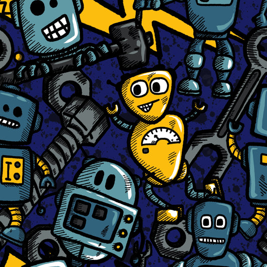 Handmade childrens clothing with colorful pattern of robots and mechanical parts on a blue background