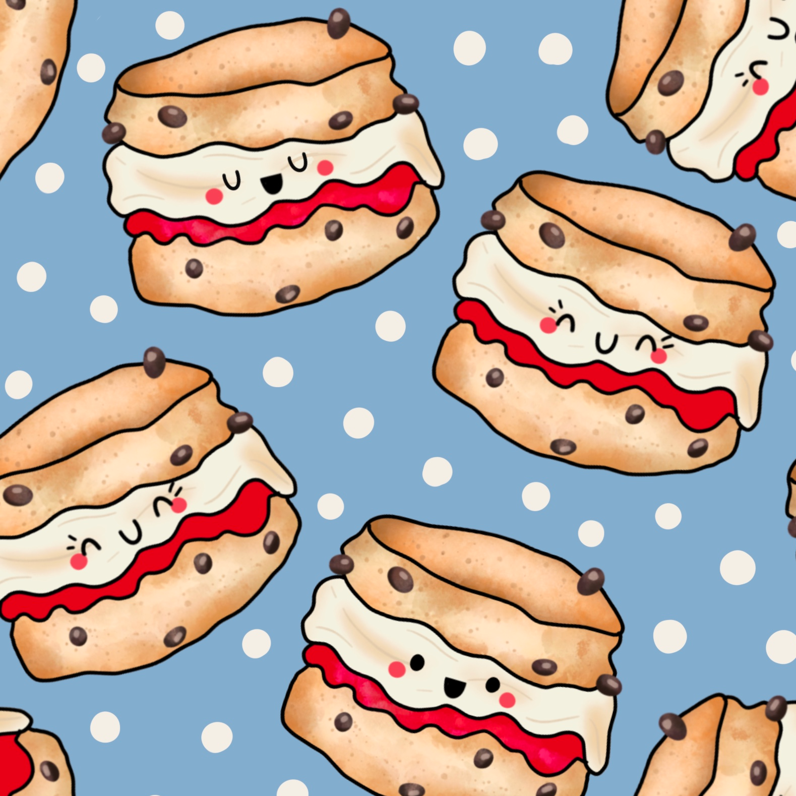 Cream tea scones with jam and cream on a polka dot sky blue background
