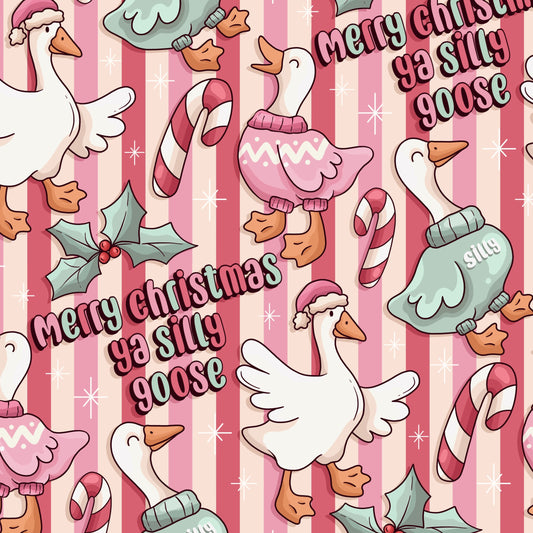 Pattern of cartoon geese with Christmas elements on a striped background