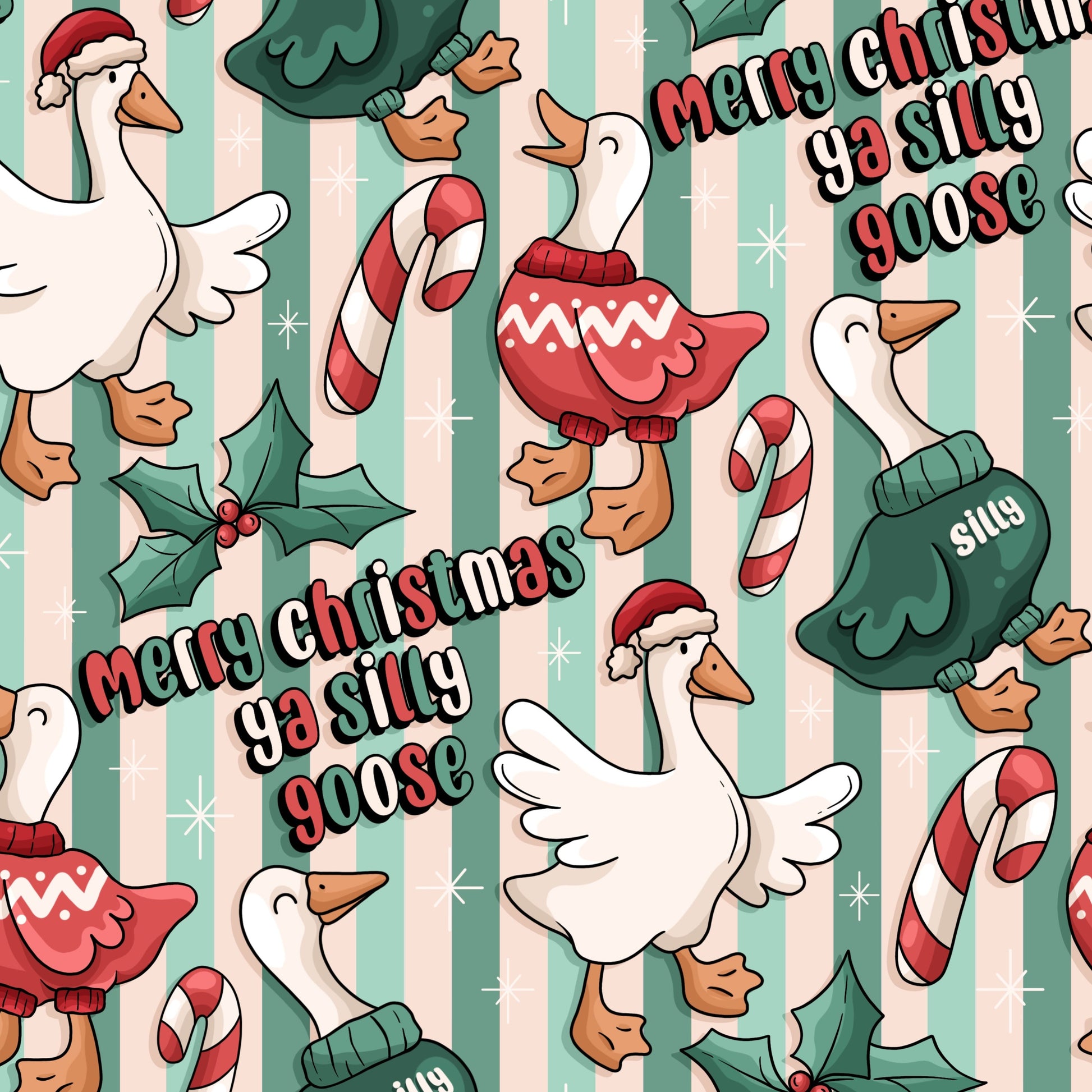 Christmas-themed pattern with geese, candy canes, and holly on a mint green striped background.