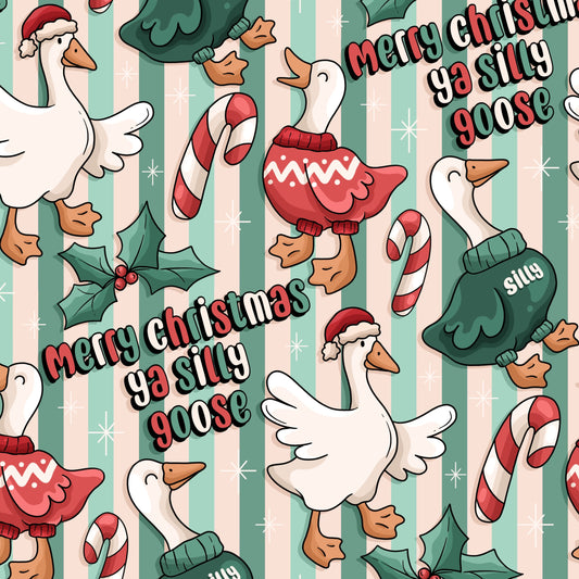 Christmas-themed pattern with geese, candy canes, and holly on a mint green striped background.