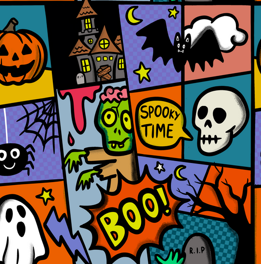 Colorful Halloween-themed collage with various elements like pumpkins, ghosts, and bats.