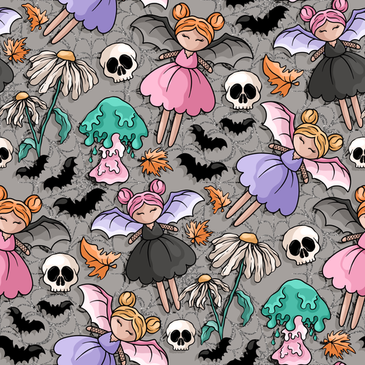Pattern of fairy characters, bats, skulls, and flowers on a gray cobweb background