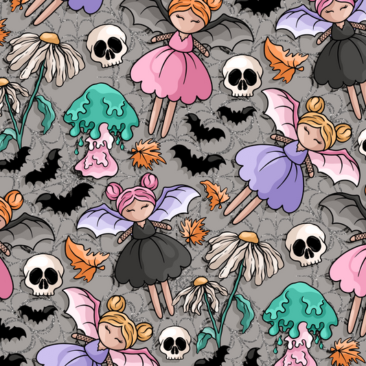 Pattern of fairy characters, bats, skulls, and flowers on a grey cobweb background