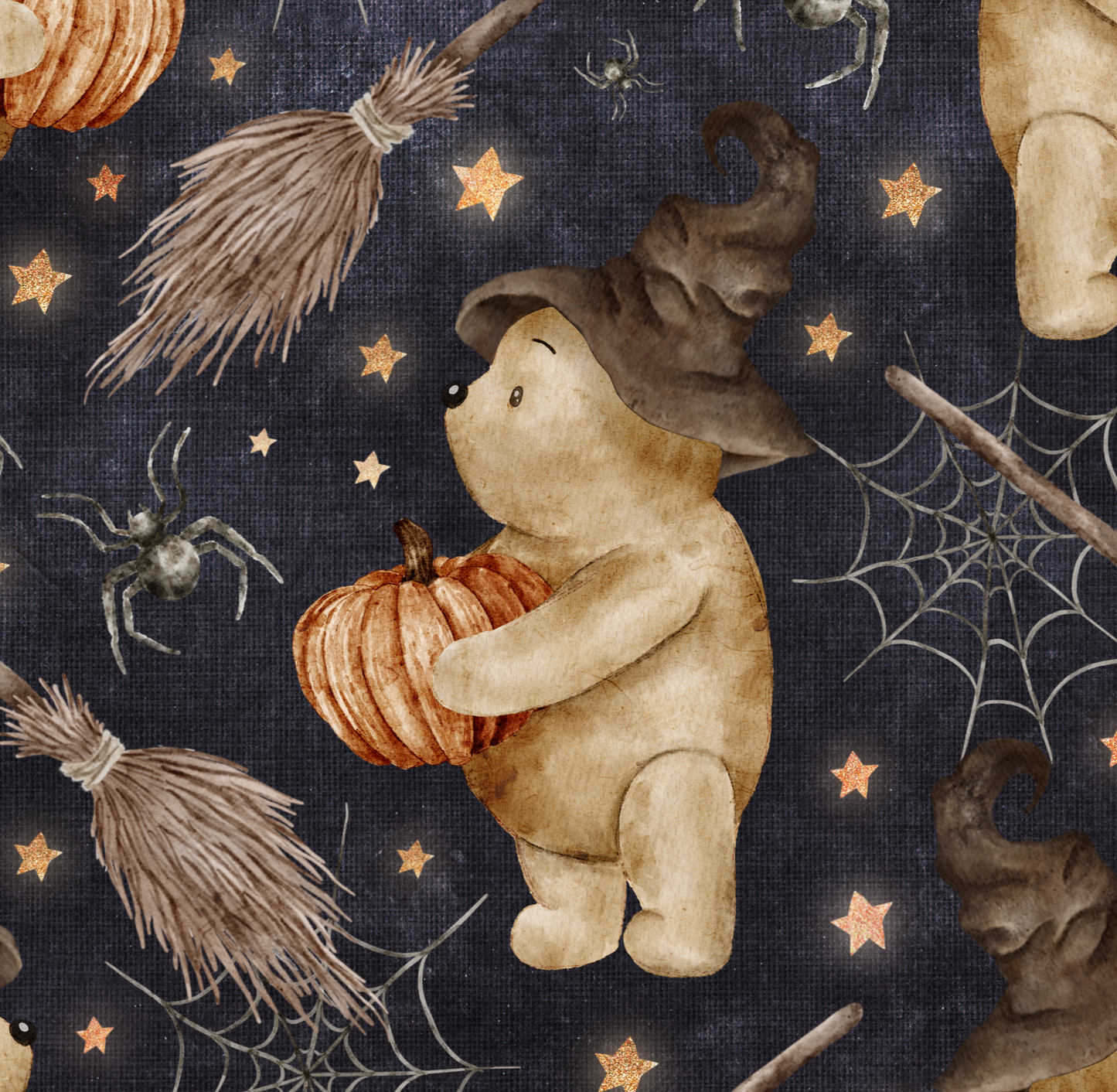 Bear holding pumpkin and wearing a witches hat on a navy background with spiders, webs and broomsticks
