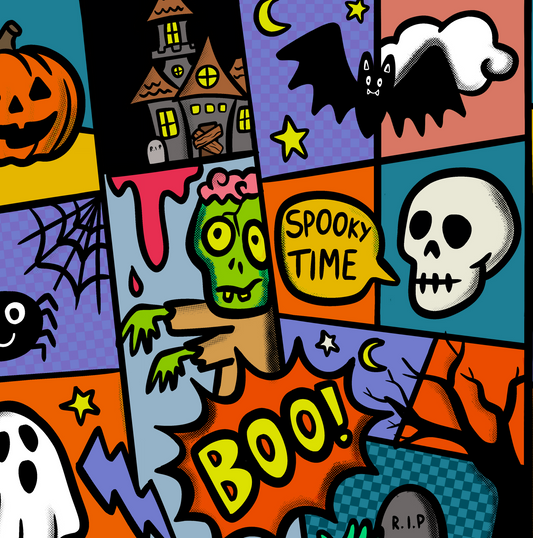 Colorful Halloween-themed collage with various elements like pumpkins, ghosts, and bats.