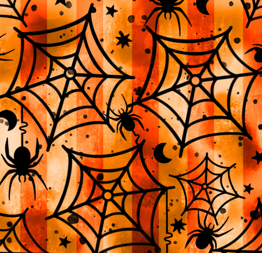 Halloween-themed pattern with black spiders and webs on an orange striped background