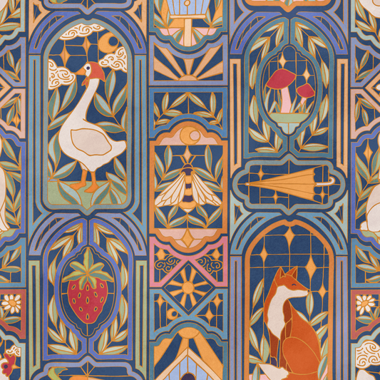 Stained glass window inspired design with animals and nature elements in a stylized design.