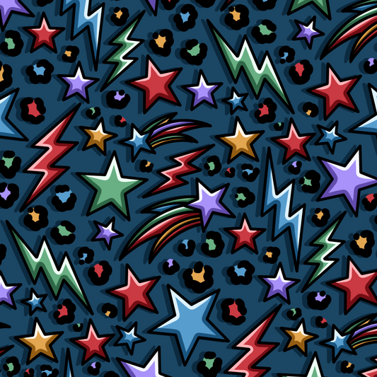 Stars and lightening bolts on a navy background with leopard print detail and bold primary colours