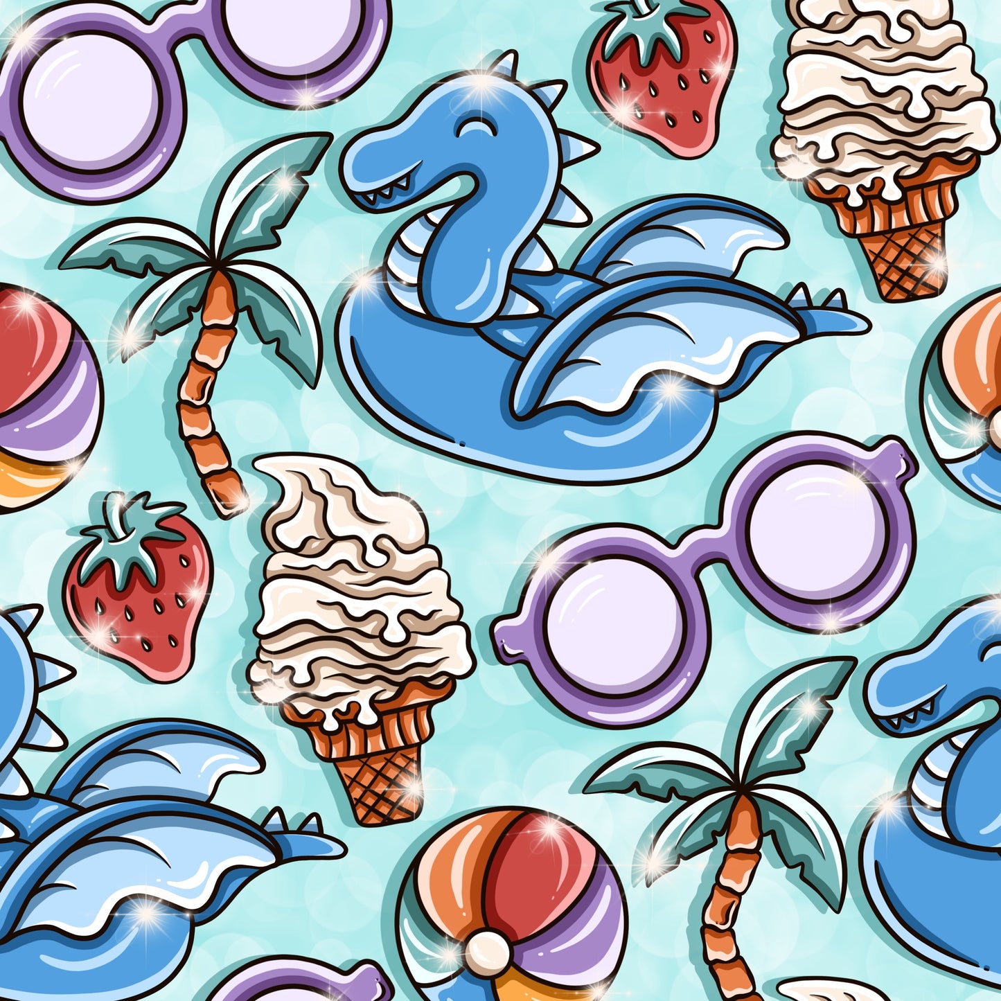 Fun design of dragon water inflatables, sun glasses, ice creams and palm trees on a light blue background.
