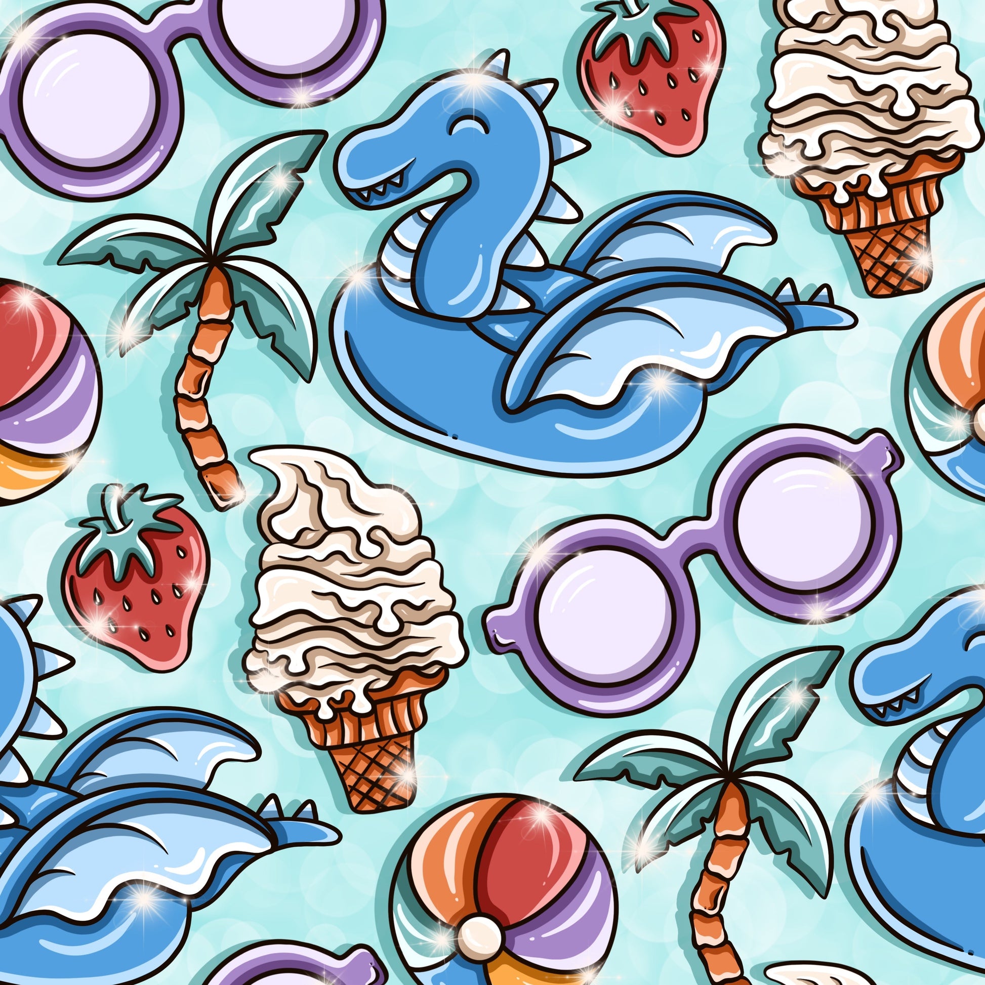 Fun design of dragon water inflatables, sun glasses, ice creams and palm trees on a light blue background.