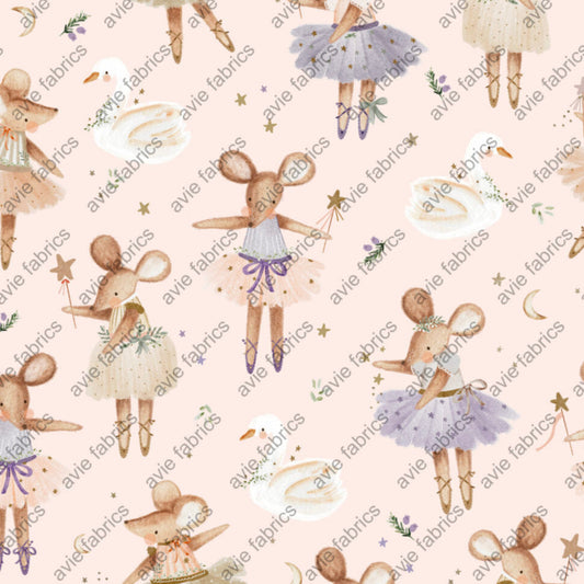 Fabric pattern with ballerina mice and rabbits on a light pink background, featuring the brand 'avie fabrics'.