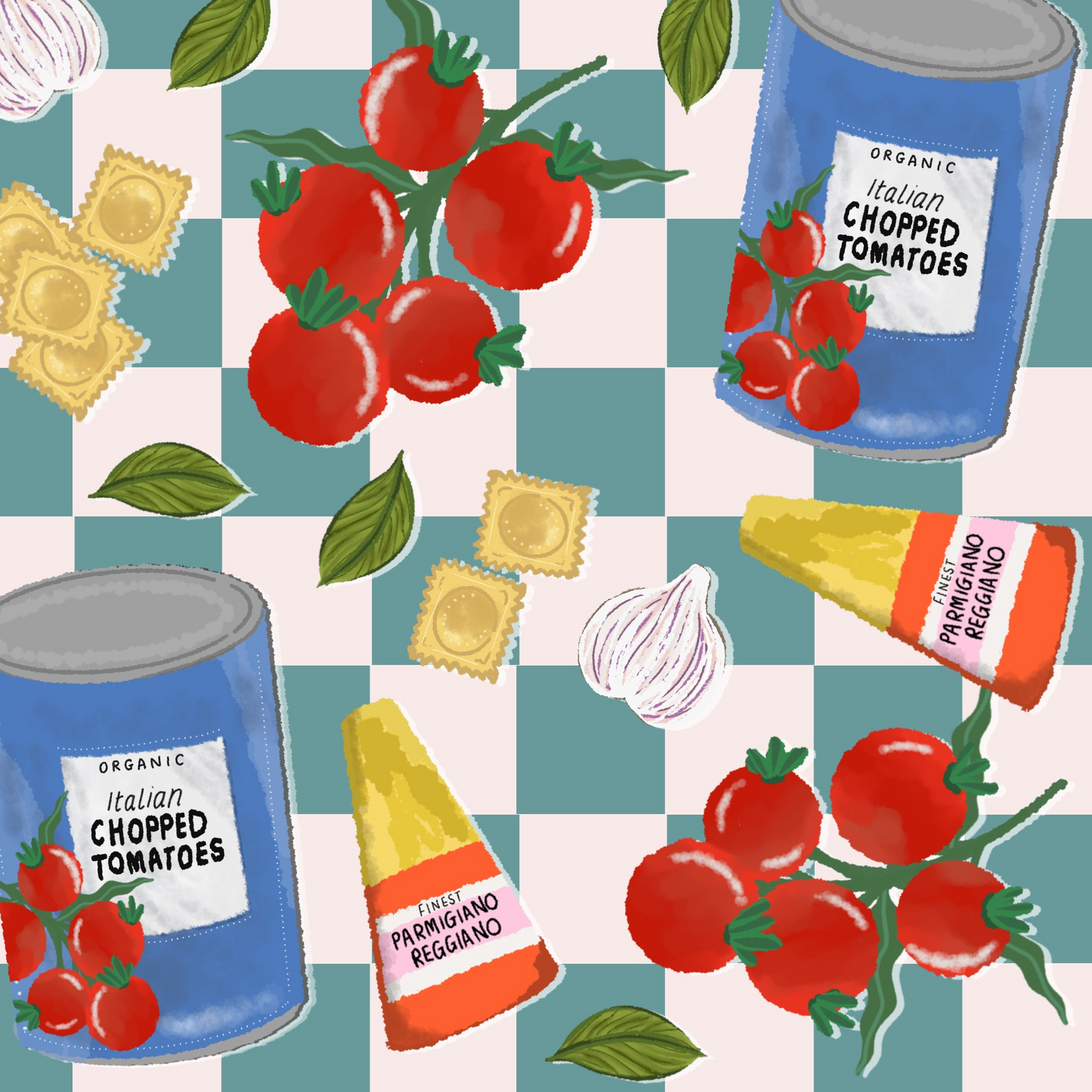 Illustration of cans of tomatoes, Parmigiano Reggiano, and garlic on a checkered background