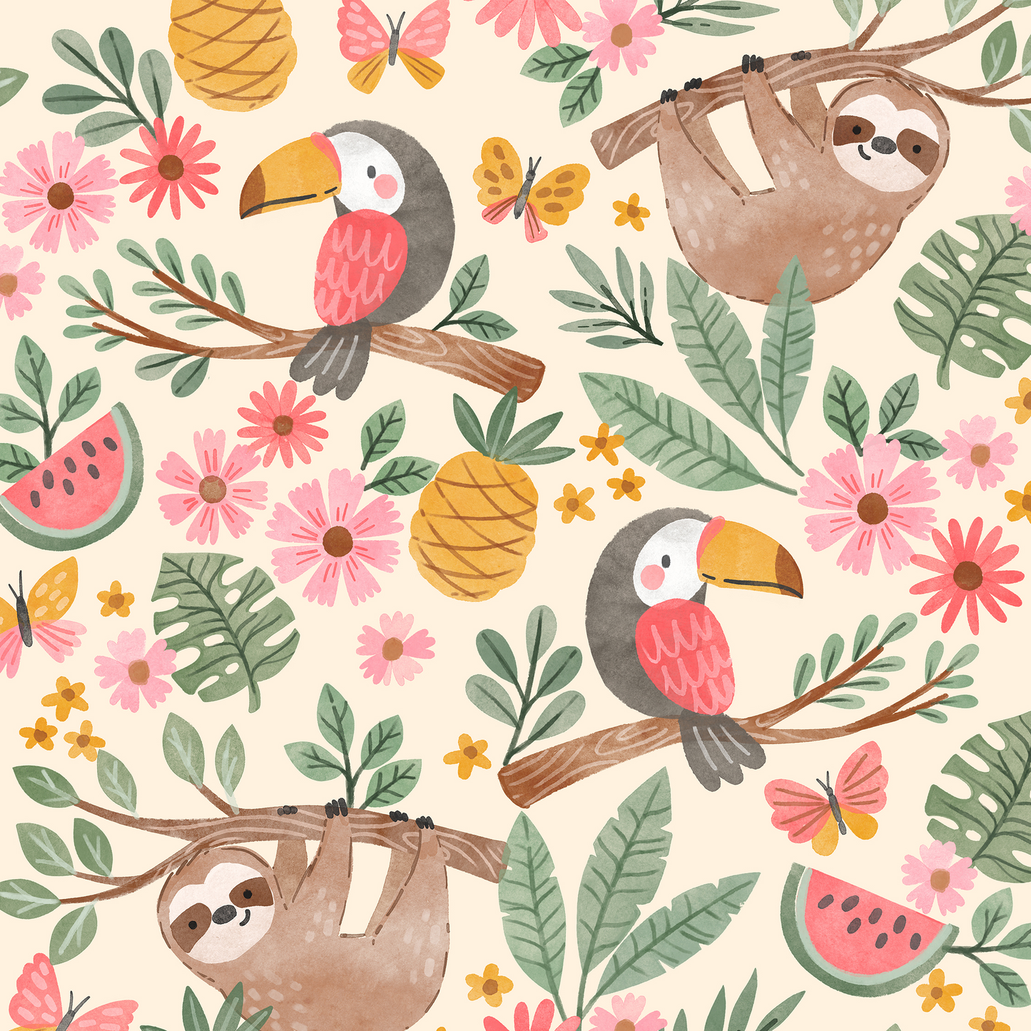 Tropical Animals with fruits on a neutral background with foliage and pops of pink and yellow