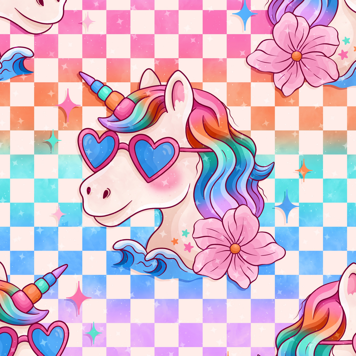 Pastel rainbow unicorn with sunglasses and flower on a checkerboard design