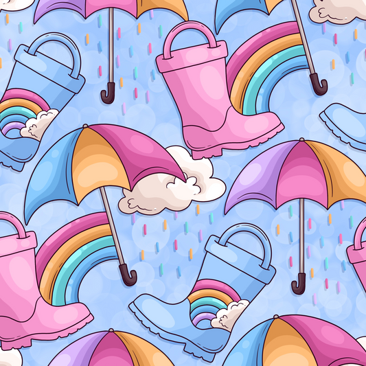 Colorful pattern with umbrellas, pink rain boots, and raindrops on a blue background