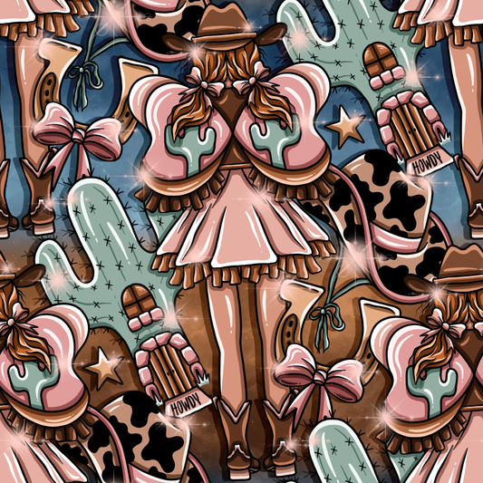 Colorful pattern with cowboy hats, boots, and cacti on a blue and brown background