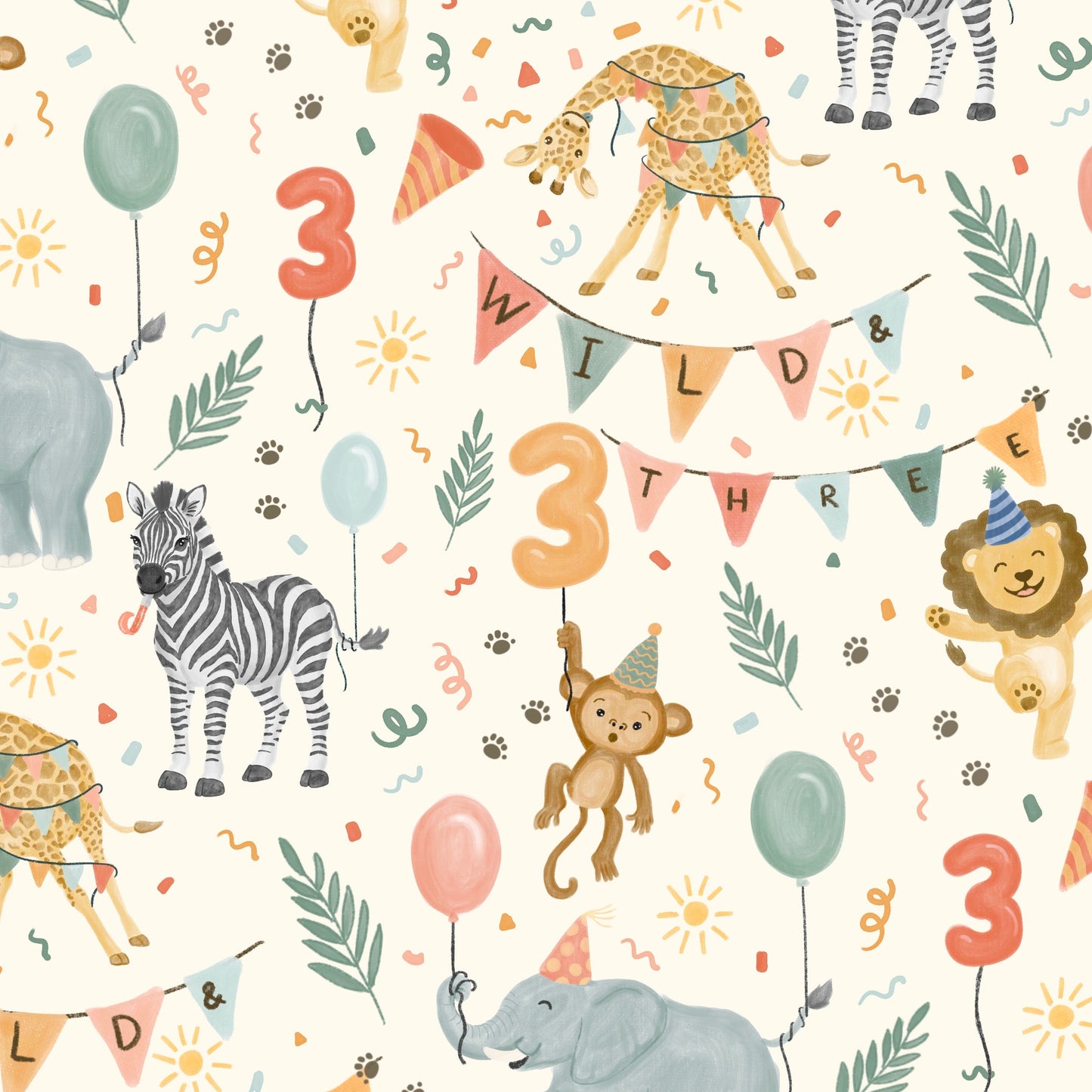 Patterned design with animals, numbers, and celebratory elements on a cream background.