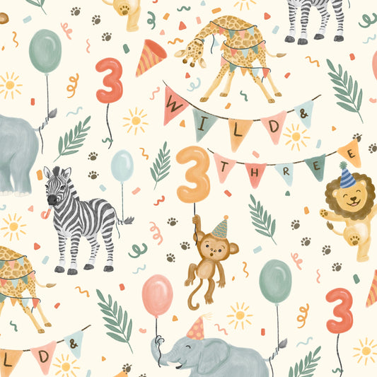 Patterned design with animals, numbers, and celebratory elements on a cream background.