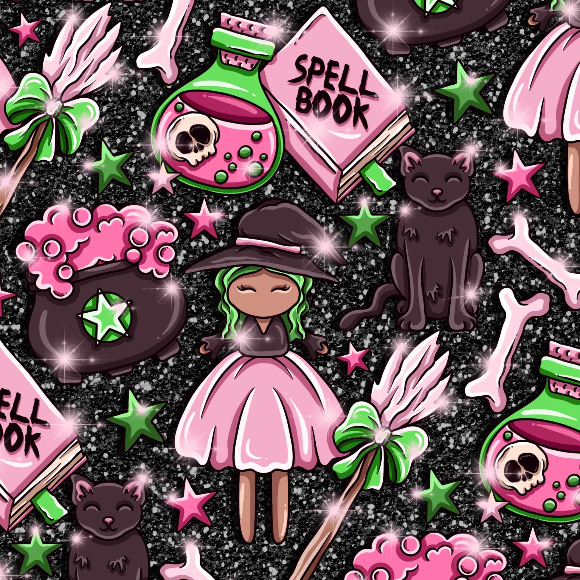 Witches, Cats, Broomsticks, cauldrons and potions in pink, black and green on a black glitter background