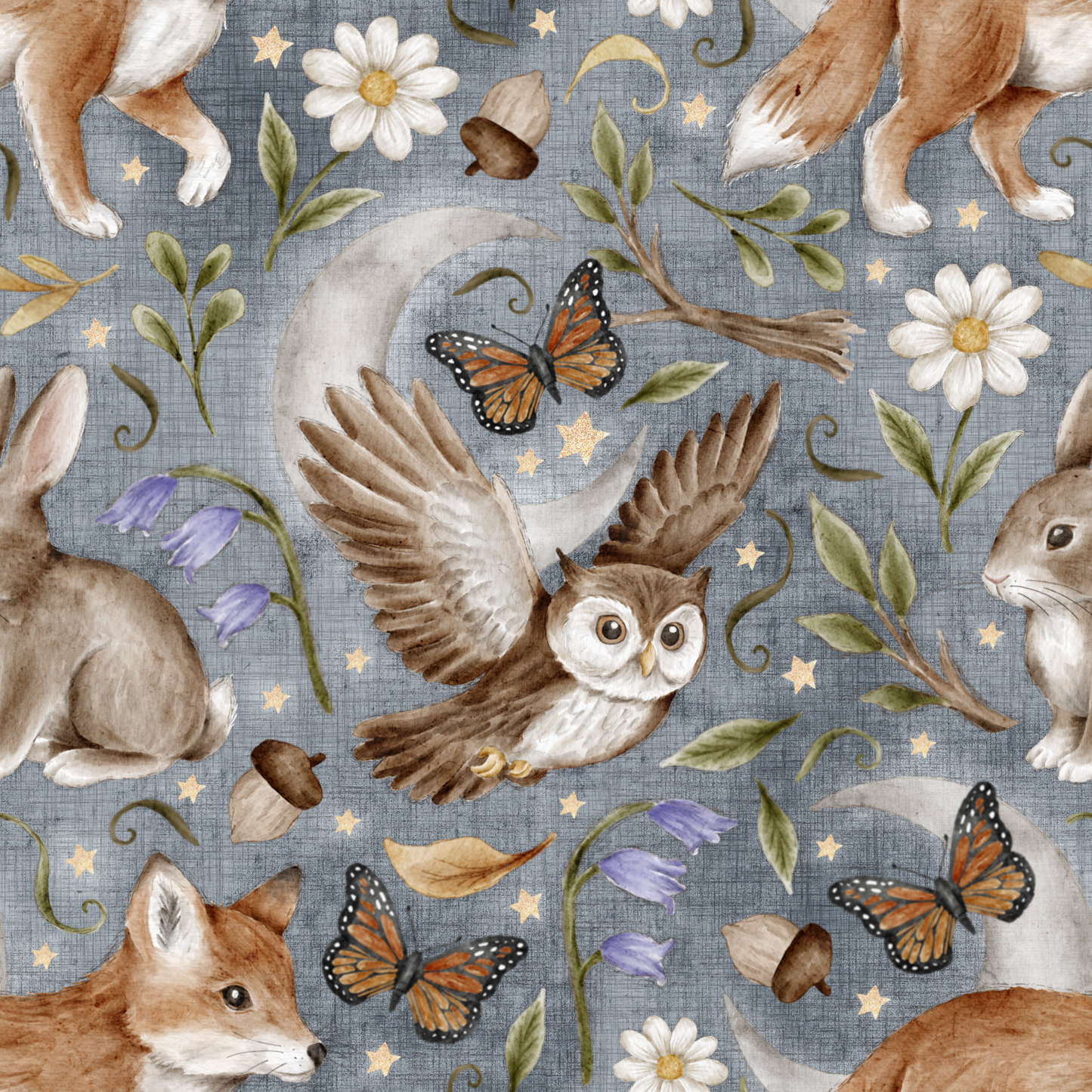 Pattern of forest animals, flowers, and butterflies on a blue background