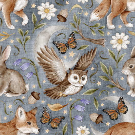 Pattern of forest animals, flowers, and butterflies on a blue background