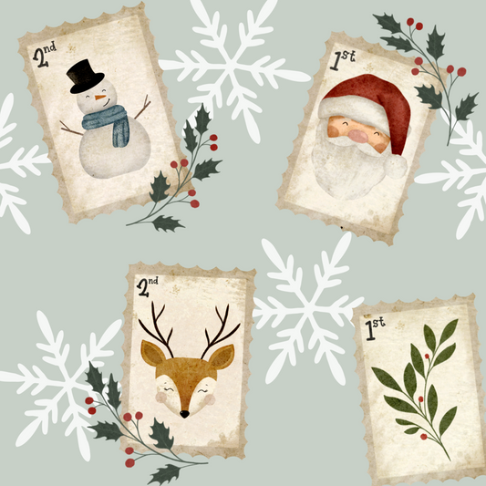 Festive stamps on a sage background with snowflake and holly details