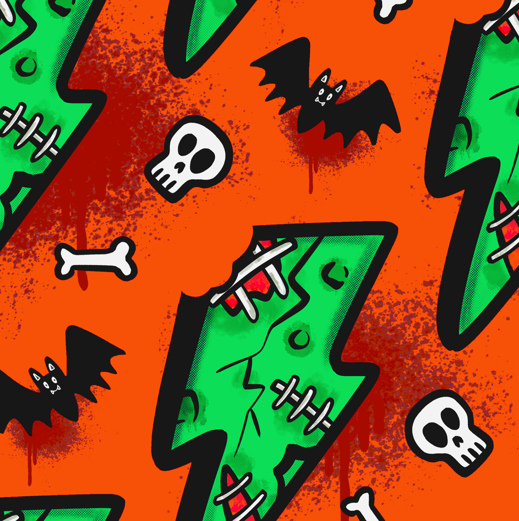 Zombie theme lightening bolts on a bold orange background with bats, skulls and bones