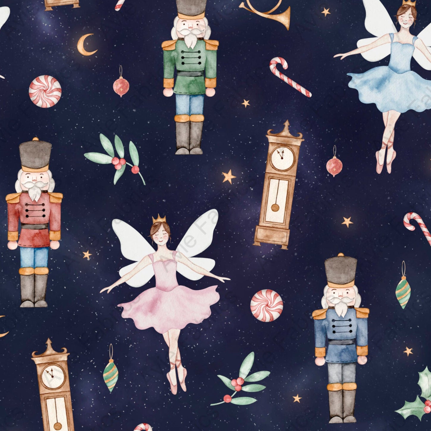Pattern of fairy, nutcrackers, and candy canes on a dark blue background
