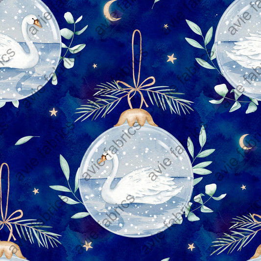 Decorative pattern with swans, stars, and leaves on a blue background