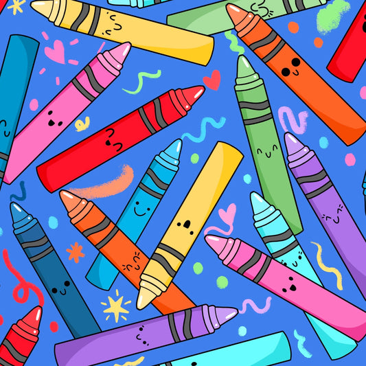 Colorful crayon pattern with cartoon faces on a blue background