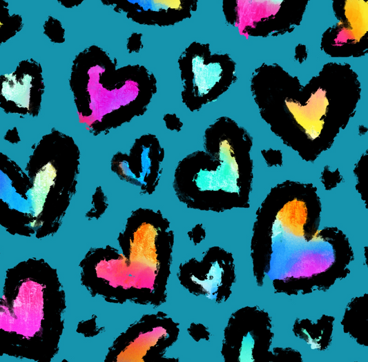 Rainbow heart shapes with a black outline on a teal background