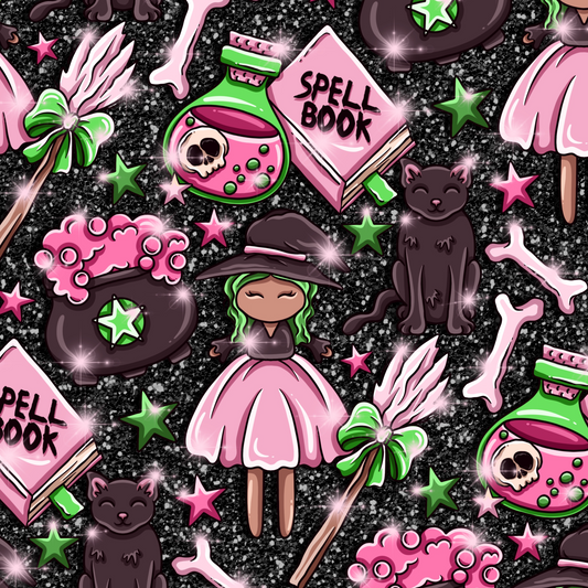 Witches, Cats, Broomsticks, cauldrons and potions in pink, black and green on a black glitter background