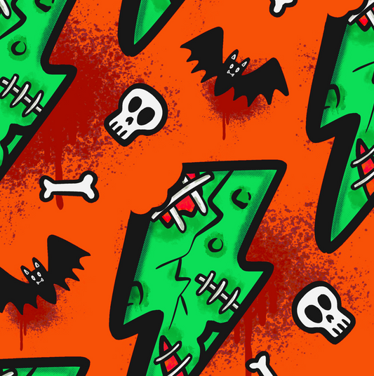 Zombie theme lightening bolts on a bold orange background with bats, skulls and bones