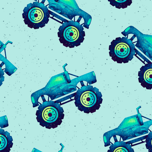 Sample swatch of the Neon Truck fabric.  Fabric has a light green background with a Neon coloured monster truck pattern.  The moster trucks are a darker green with light blue and yellow highlights